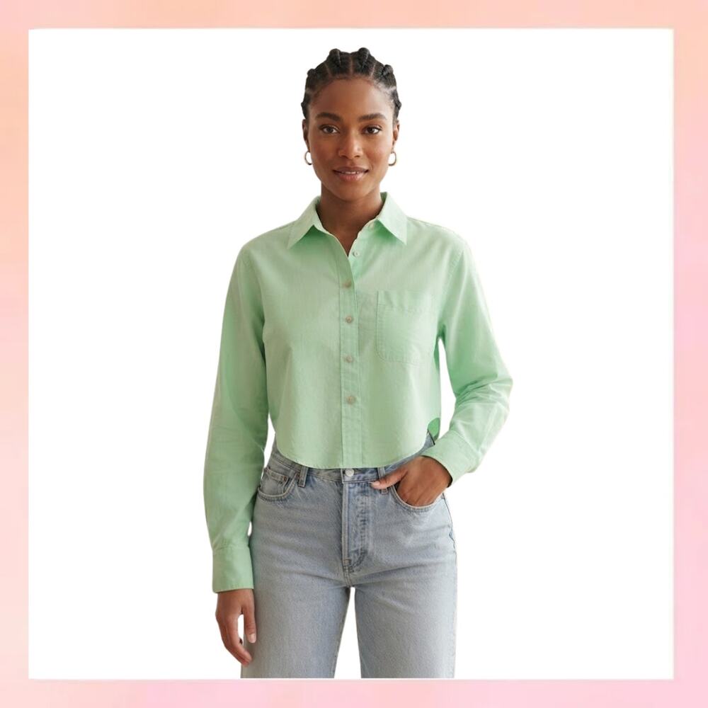 Universal Thread Mint Green Cropped Long Sleeve Button Down Shirt Size M